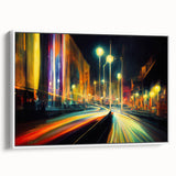 Framed canvas wall art featuring a scenic landscape of winding roads, adorned with vibrant colors and intricate details, set against a white background, ideal for modern home decor.