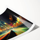 Landscape wall art print showcasing a serene road lined with vibrant green trees, ideal for home decor. The rolled canvas is ready for framing, enhancing any living space.