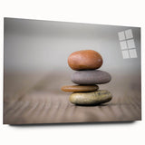 Acrylic glass wall art featuring a vibrant landscape design with textured rocks and natural colors, displayed in a side view without pins, perfect for modern decor.