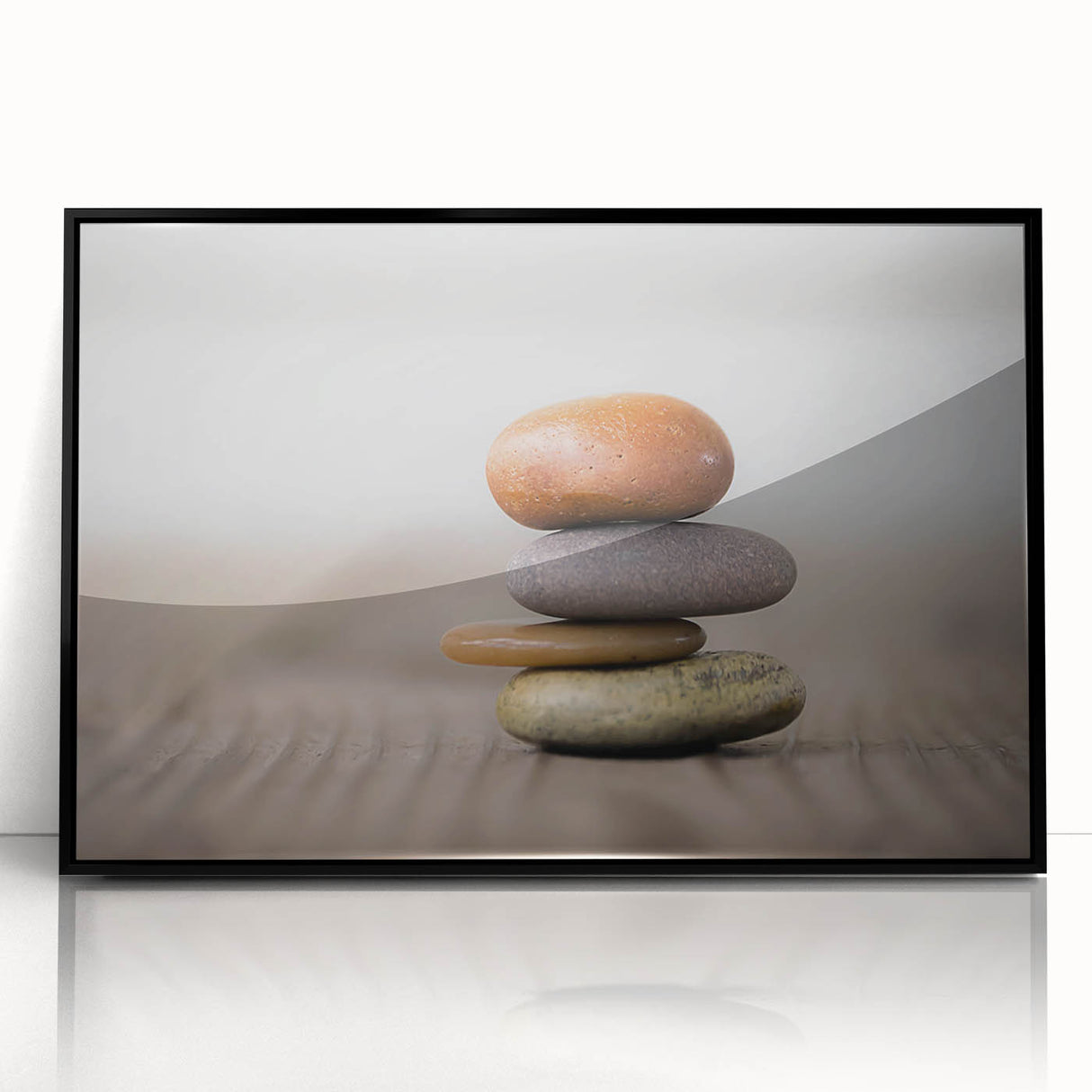 Framed acrylic wall art featuring a stunning landscape design with rocky formations and earthy tones, presented in a sleek black frame for modern decor.