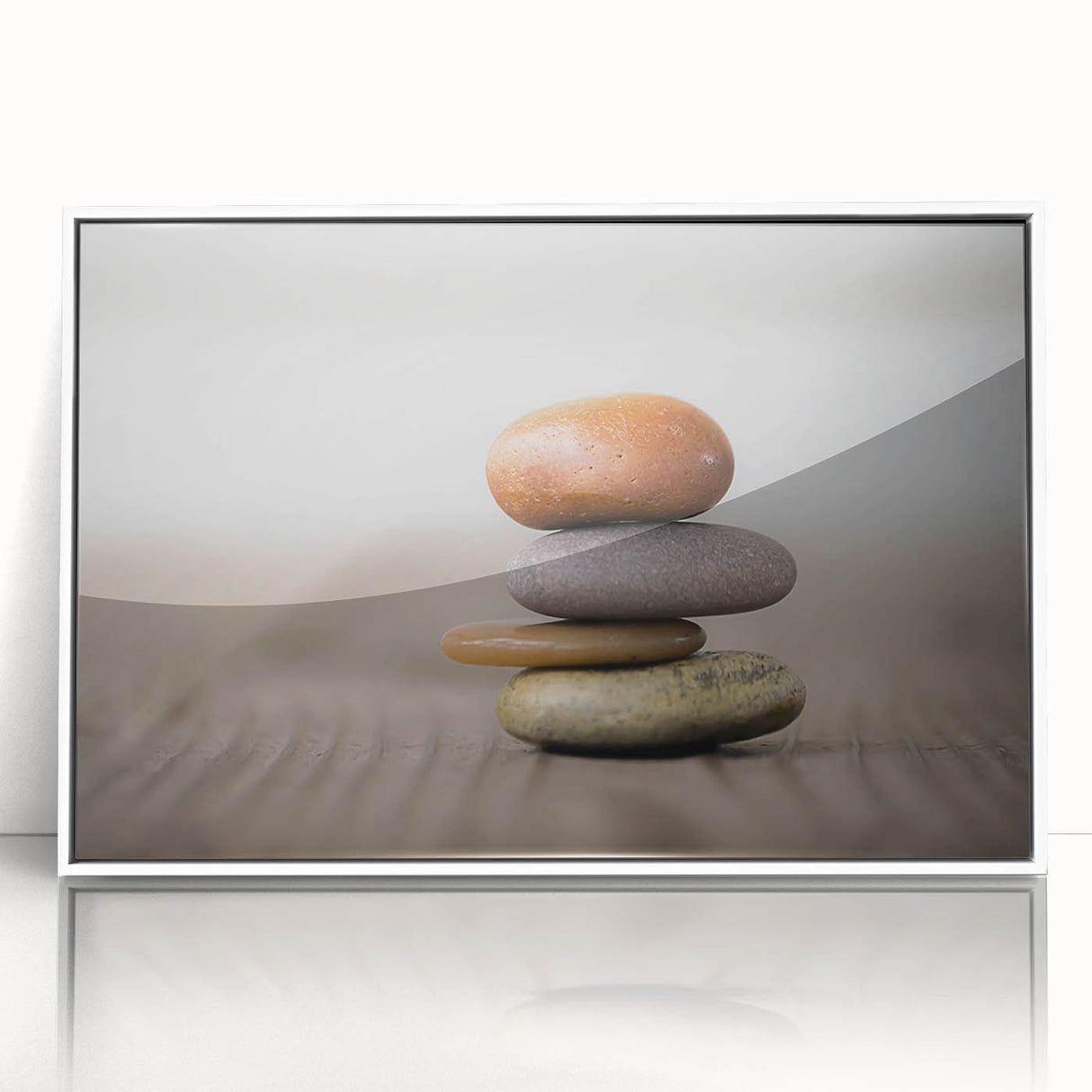 Framed acrylic wall art featuring a stunning landscape design with intricate rock formations, set in a sleek white frame, ideal for modern home decor.