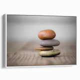 Framed canvas wall art showcasing a serene landscape design with rocks and greenery, featuring a white frame, ideal for modern home decor.