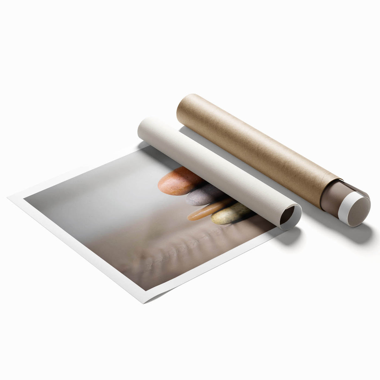 Abstract wall art print depicting a serene landscape with stylized rocks, showcasing earthy tones of beige and grey, ideal for modern home decor.