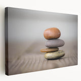Stretched canvas wall art showcasing a vibrant landscape design with rocky formations, perfect for modern home decor, emphasizing earthy tones and textures.