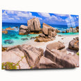 Acrylic glass wall art showcasing a scenic landscape with colorful rocks, elegantly displayed from a side view with decorative pins, perfect for modern home decor.