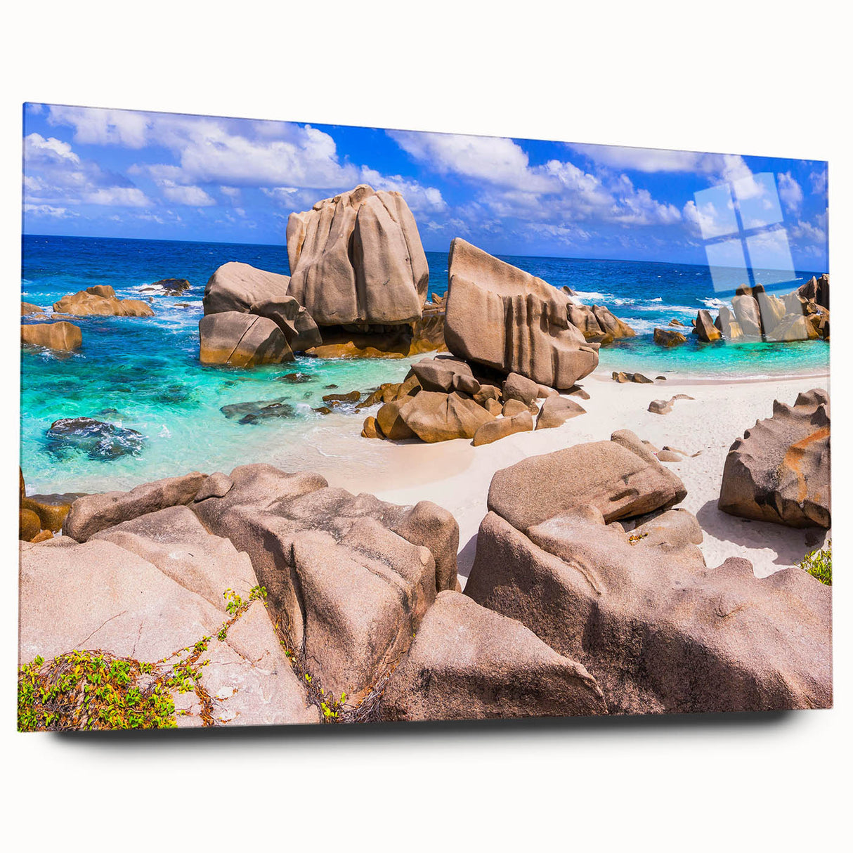 Acrylic glass wall art collection showcasing a stunning landscape design with intricate rock formations, displayed in a side view, perfect for modern home decor.