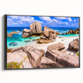 Framed canvas wall art showcasing a vibrant landscape of textured rocks and nature, featuring a sleek black frame and side view, perfect for modern home decor.