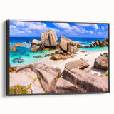 Framed canvas wall art showcasing a vibrant landscape of textured rocks and nature, featuring a sleek black frame and side view, perfect for modern home decor.