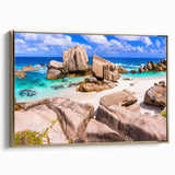 Framed canvas wall art showcasing a serene landscape with rocks, featuring a gold frame, perfect for home decor. Ideal for adding elegance to any room.