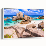 Framed canvas wall art showcasing a stunning landscape with rocks, designed for modern decor. The artwork features earthy tones and intricate details, perfect for enhancing any interior space.
