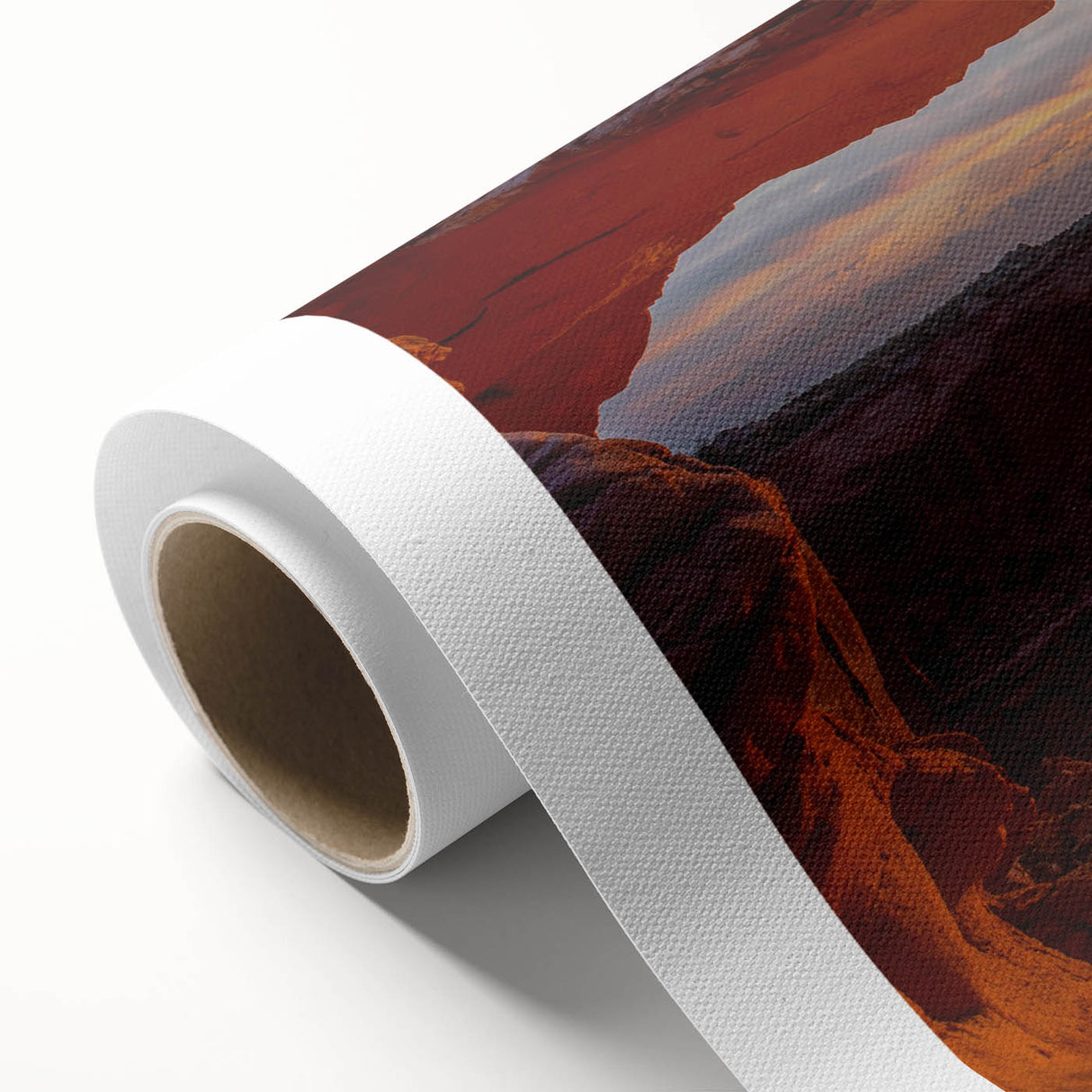 Rolled canvas art depicting a serene landscape with rocks and vibrant colors, ideal for home decor. Each piece offers a unique artistic touch and texture.