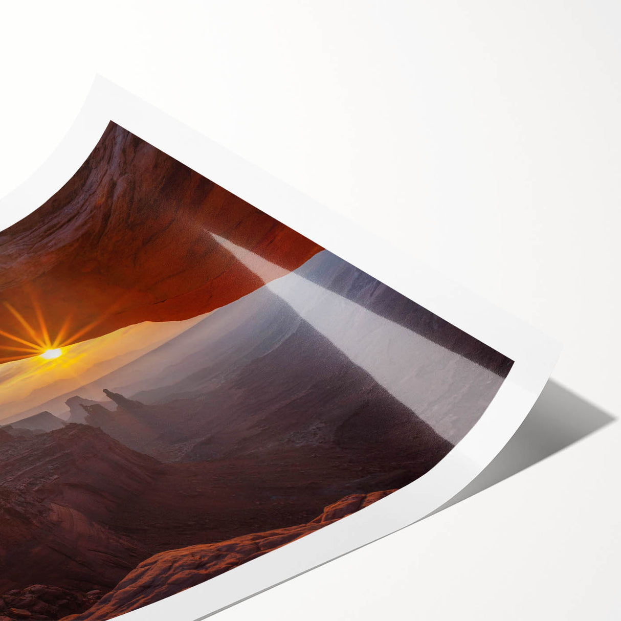 Abstract landscape wall art print showcasing a serene rock formation at sunset, featuring warm hues of orange and purple, ideal for modern home decor.