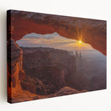 Stretched canvas wall art showcasing a vibrant landscape with abstract rocks and earthy tones, perfect for modern home decor, displayed in a side view.