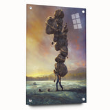 Acrylic glass wall art collection showcasing a stunning landscape of rocky terrain, featuring vibrant colors and a side view with decorative pins for easy hanging. Perfect for enhancing modern home decor.