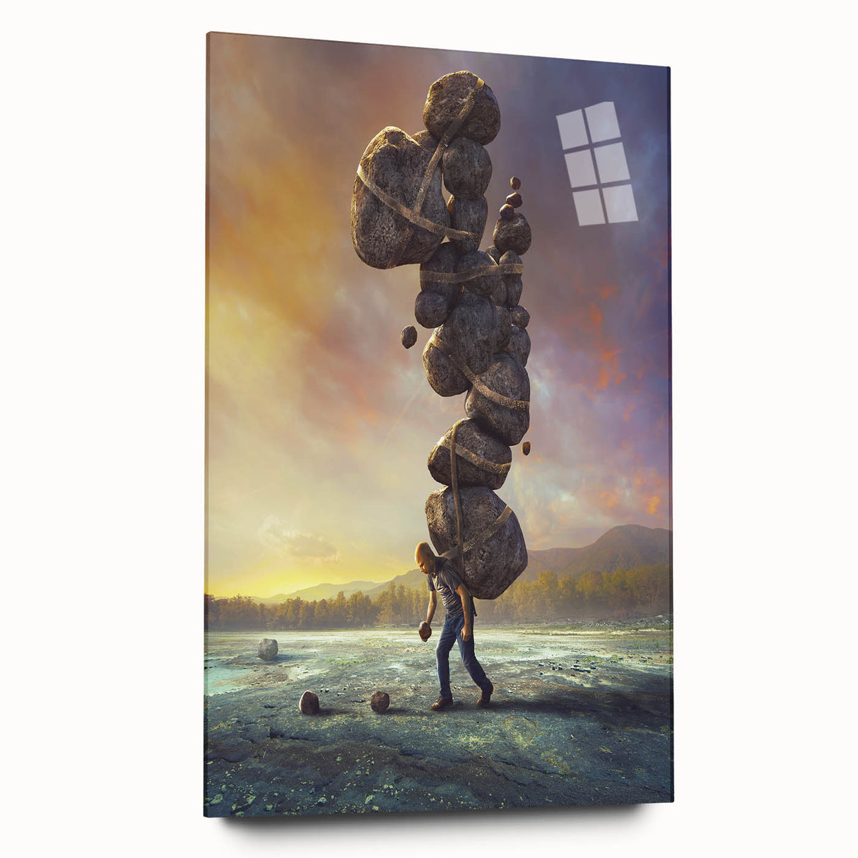 Acrylic glass wall art showcasing a serene landscape of rocks and serene nature, displayed in a side view without pins, perfect for modern home decor.