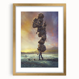 Framed wall art featuring a serene landscape with rocks, presented in a gold mat, perfect for home decor enhancement in living spaces or offices.