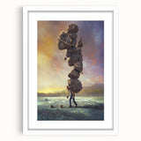 Framed wall art featuring a serene landscape with rocky formations and vibrant colors, set in a sleek white mat for a modern aesthetic. Perfect for home decor.