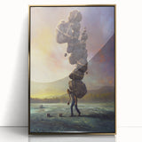 Framed acrylic wall art featuring a modern landscape design with rocks and gold accents, ideal for contemporary home decor. Perfect for enhancing living spaces.