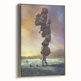 Framed canvas wall art featuring a serene landscape with rocks and gold accents, showcasing a modern design ideal for home decor and interior styling.