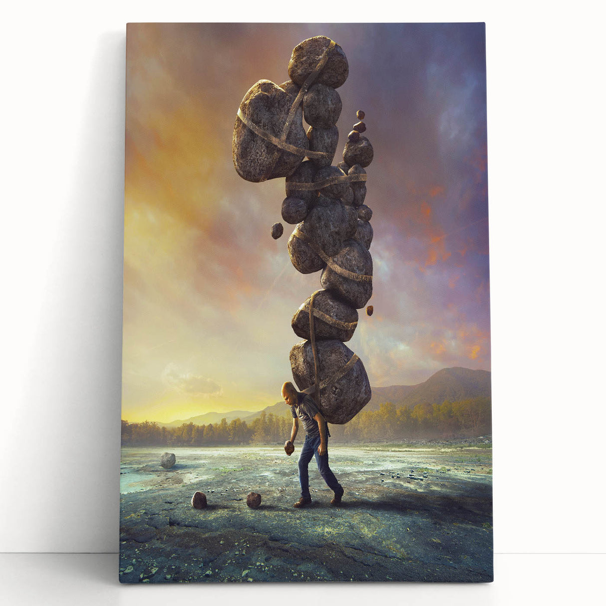 Stretched canvas wall art featuring a serene landscape of rocks and mountains, showcasing earthy tones and intricate details, perfect for home decor.