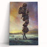 Stretched canvas wall art featuring a serene landscape of rocks and mountains, showcasing earthy tones and intricate details, perfect for home decor.