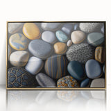Framed acrylic wall art featuring a stunning landscape design with rocky formations and golden accents, perfect for enhancing modern home decor.