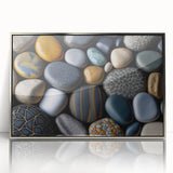 Framed acrylic wall art showcasing a serene landscape with rocky formations, featuring silver accents and a modern design, perfect for contemporary decor.
