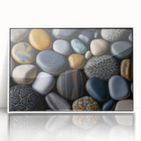 Framed acrylic wall art featuring a serene landscape design with rocky formations and soft hues, ideal for home decor and modern aesthetics.