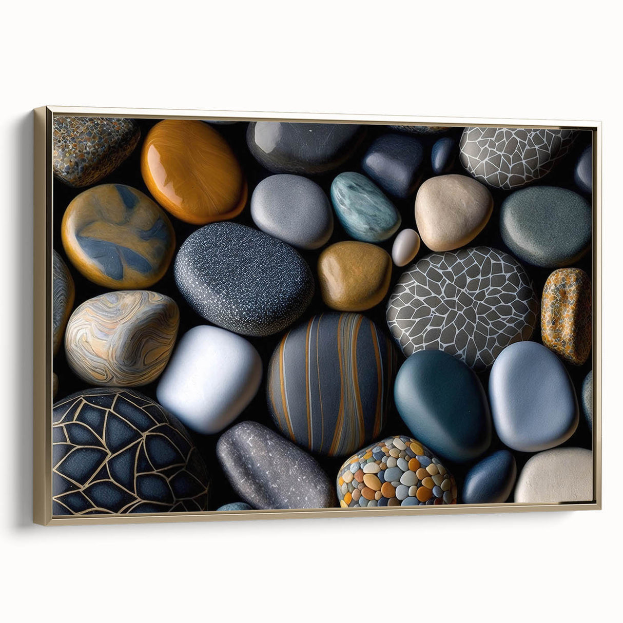 Framed canvas wall art depicting a serene landscape with rocky formations, adorned with gold accents for a sophisticated touch, ideal for home decor.