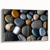 Framed canvas wall art featuring a serene landscape with rocky formations, elegantly set in a silver frame, ideal for enhancing modern home decor.