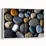 Framed canvas wall art featuring a serene landscape with rocks and soft earthy tones, designed to enhance modern home decor. Perfect for nature lovers.