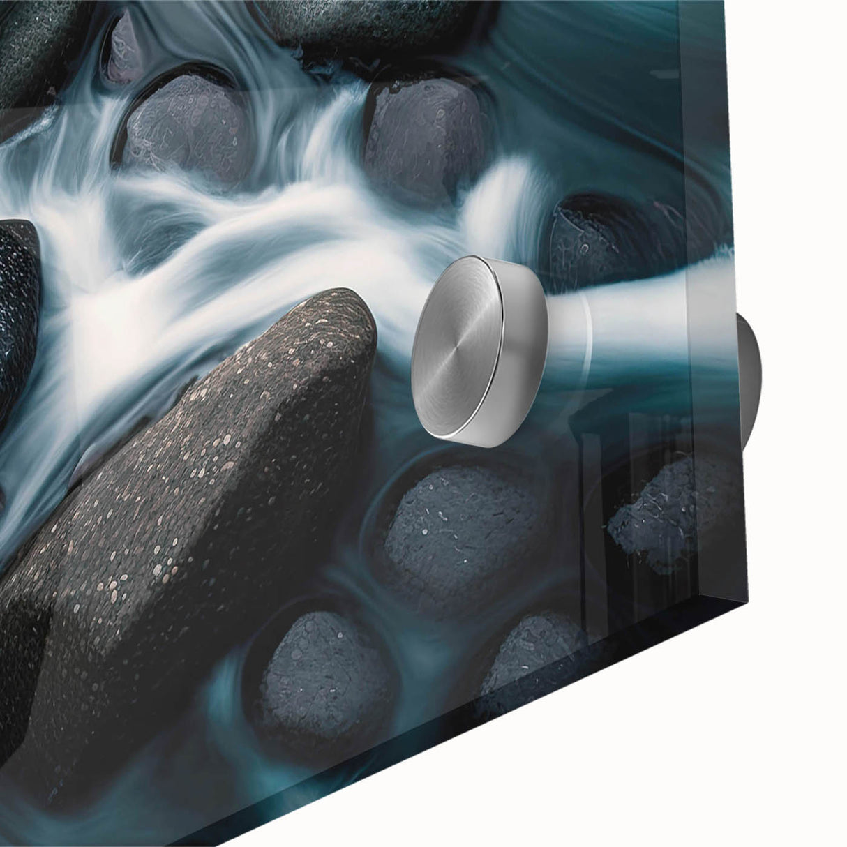 Close-up of a vibrant acrylic glass wall art piece showcasing a stunning landscape with intricate rock formations, perfect for home decor and modern aesthetics.