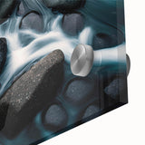 Close-up of a vibrant acrylic glass wall art piece showcasing a stunning landscape with intricate rock formations, perfect for home decor and modern aesthetics.