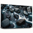 Acrylic glass wall art collection showcasing a stunning landscape design with rocky formations, displayed from a side view, highlighting vibrant colors and intricate details, perfect for modern home decor.
