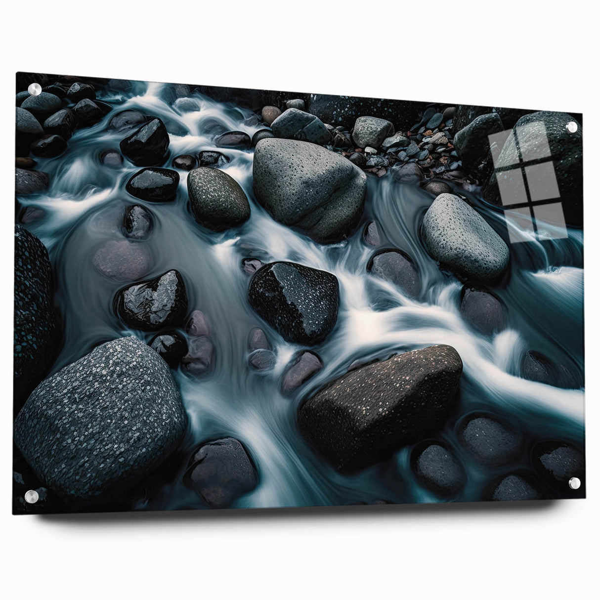Acrylic glass wall art collection showcasing a stunning landscape design with rocky formations, displayed from a side view, highlighting vibrant colors and intricate details, perfect for modern home decor.