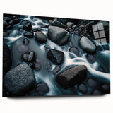 Acrylic glass wall art collection showcasing a stunning landscape design featuring textured rocks in vibrant colors, displayed from a side view. Perfect for modern decor.