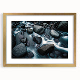 Elegant wall art piece showcasing a gold-framed landscape design with abstract rocks, highlighting a sophisticated mat finish, perfect for modern decor.