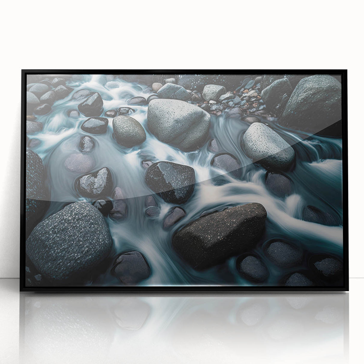 Framed acrylic wall art showcasing a stunning landscape with rocky formations, featuring a sleek black frame, perfect for modern home decor. Ideal for enhancing living spaces.