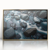 Framed wall art featuring a striking landscape design with textured rocks and gold accents, perfect for modern home decor and enhancing interior aesthetics.