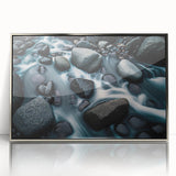 Framed acrylic wall art showcasing a stunning rocky landscape design in silver tones, perfect for modern home decor, adding elegance and tranquility to any space.