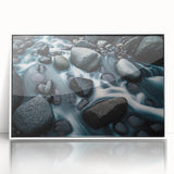 Framed acrylic wall art showcasing a stunning landscape design with vibrant rock formations, set against a clean white background, ideal for modern home decor.