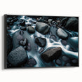 Framed canvas wall art showcasing a stunning landscape with rocks, designed for modern decor, featuring a sleek black frame and side view display. Perfect for enhancing interior spaces.
