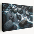 Side view of a stretched canvas wall art piece showcasing a vibrant landscape design with rocky formations, perfect for home decor and artistic ambiance.