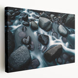 Side view of a stretched canvas wall art piece showcasing a vibrant landscape design with rocky formations, perfect for home decor and artistic ambiance.