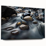 Acrylic glass wall art collection showcasing a vibrant landscape design featuring textured rocks, displayed from a side view without pins, perfect for modern home decor.
