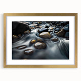 Framed wall art featuring a serene landscape design with textured rocks in natural hues, set in a gold frame with a mat, perfect for home decor enhancement.