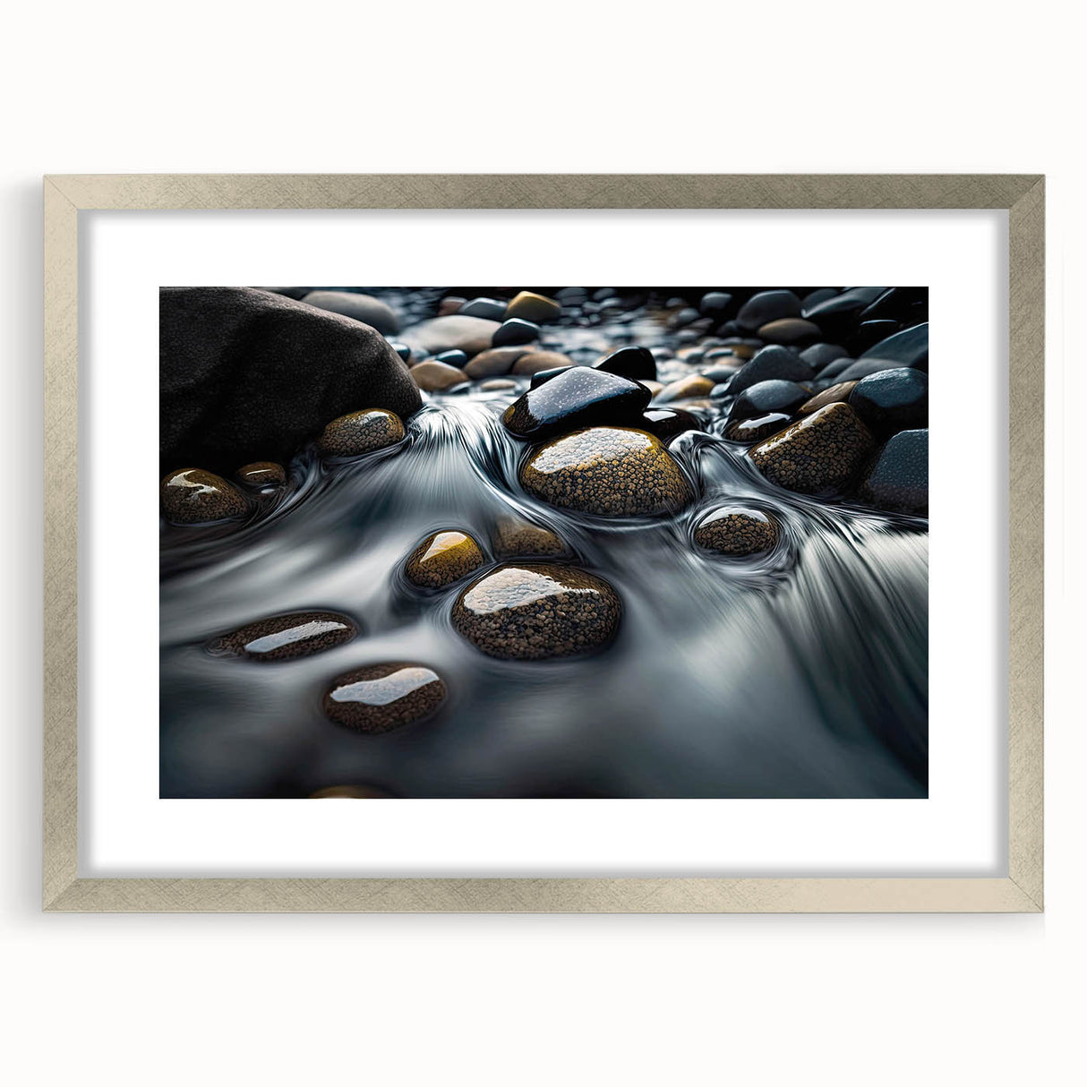 Framed wall art collection showcasing a stunning landscape design featuring textured rocks, presented in a silver frame with a mat, ideal for home decor.