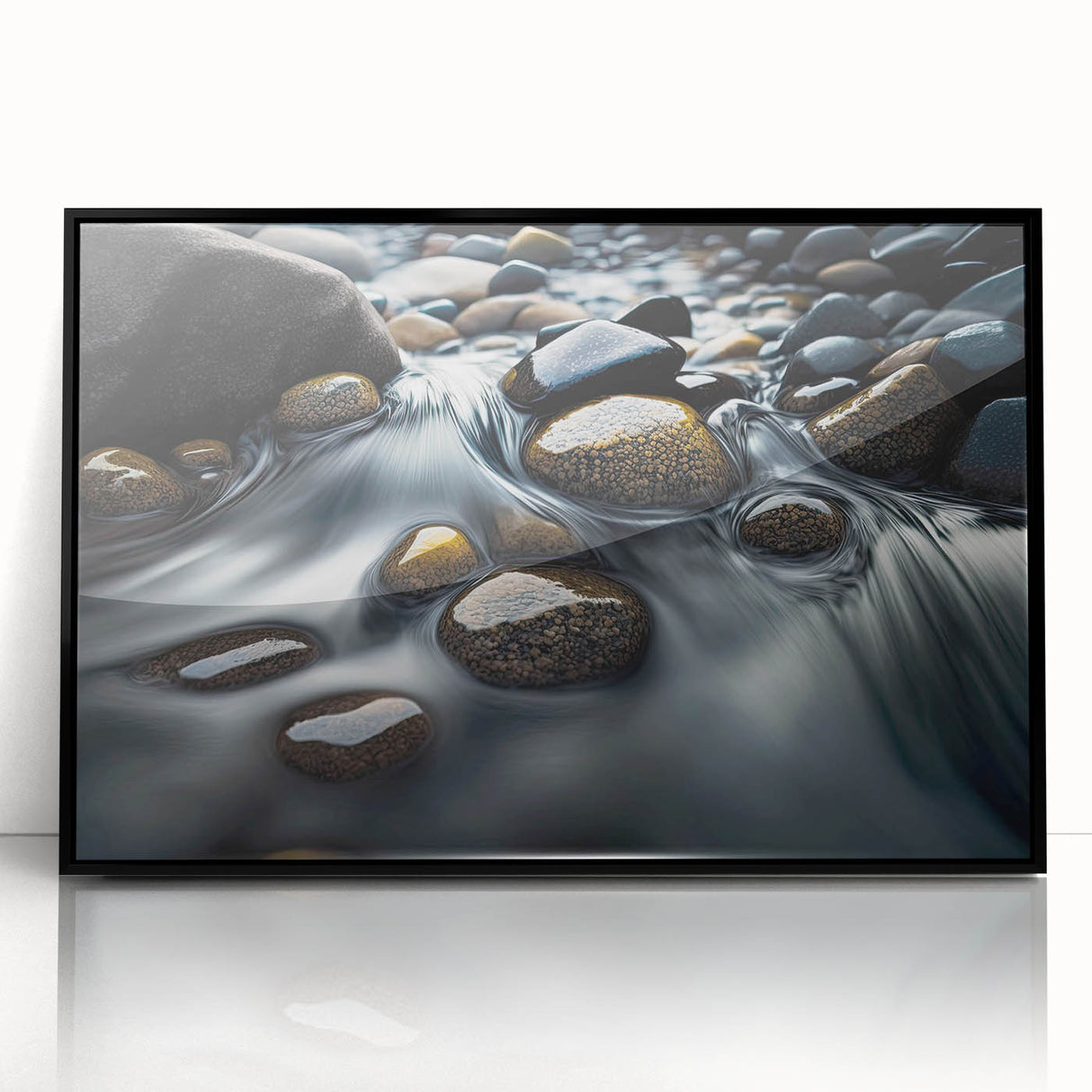 Framed acrylic wall art featuring a stunning landscape design with rocky formations, set in a sleek black frame, perfect for modern home decor.