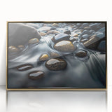 Framed acrylic wall art showcasing a serene landscape with rocks, featuring a gold border, ideal for modern home decor. Perfect for enhancing interior aesthetics.