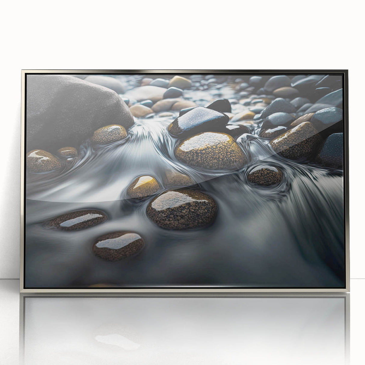 Framed acrylic wall art featuring a striking landscape design with rocky formations and vibrant colors, ideal for modern home decor. Perfect for enhancing living spaces with nature-inspired aesthetics.